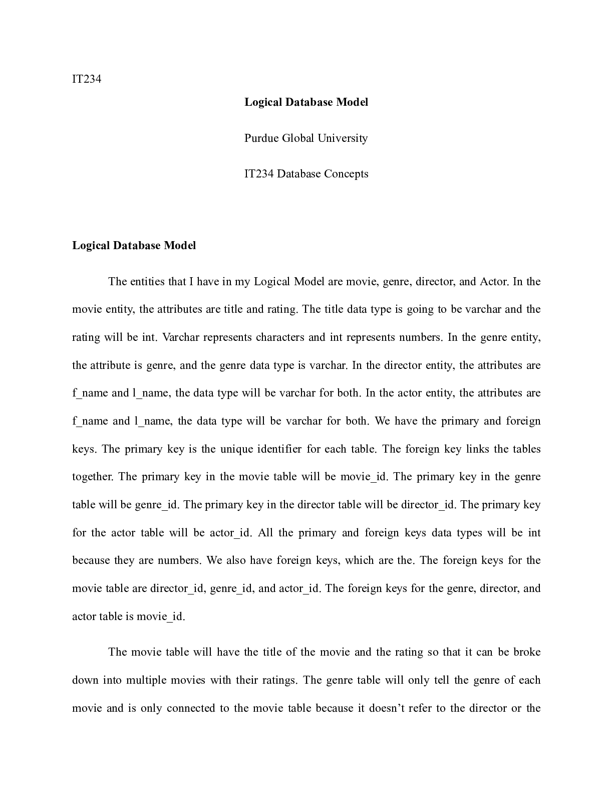 Preview image for IT234  Unti2 Assn1.docx  IT234  Logical Database Model  Purdue Global University  IT234 Da